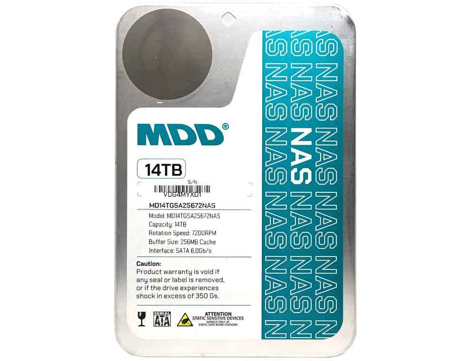MDD 14TB NAS hard drive front view highlights high-capacity storage.