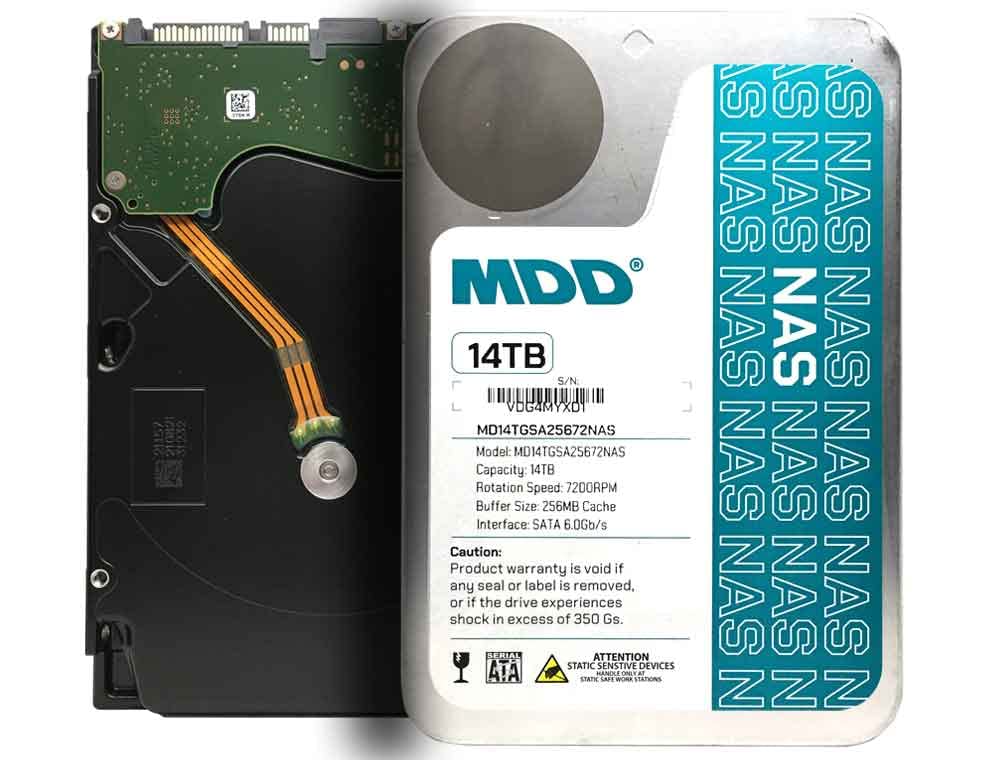 MDD 14TB NAS HDD side vents indicate quiet operation in a NAS enclosure.