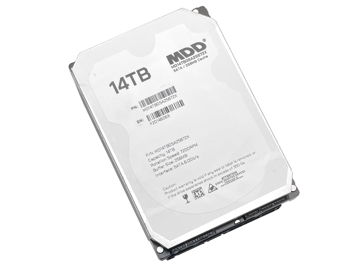 Renewed label on MDD MAXDIGITALDATA 14TB drive indicating DoD wipe and health check