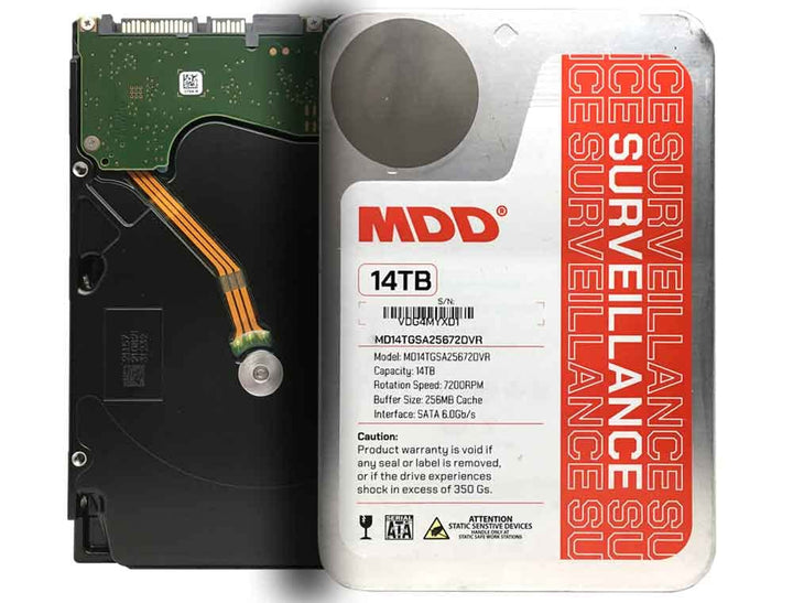 MDD MaxDigitalData 14TB surveillance HDD front view, ideal for CCTV storage.