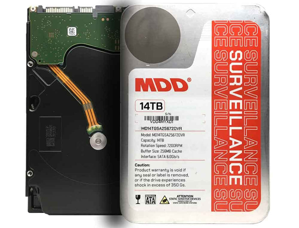 MDD MaxDigitalData 14TB surveillance HDD front view, ideal for CCTV storage.