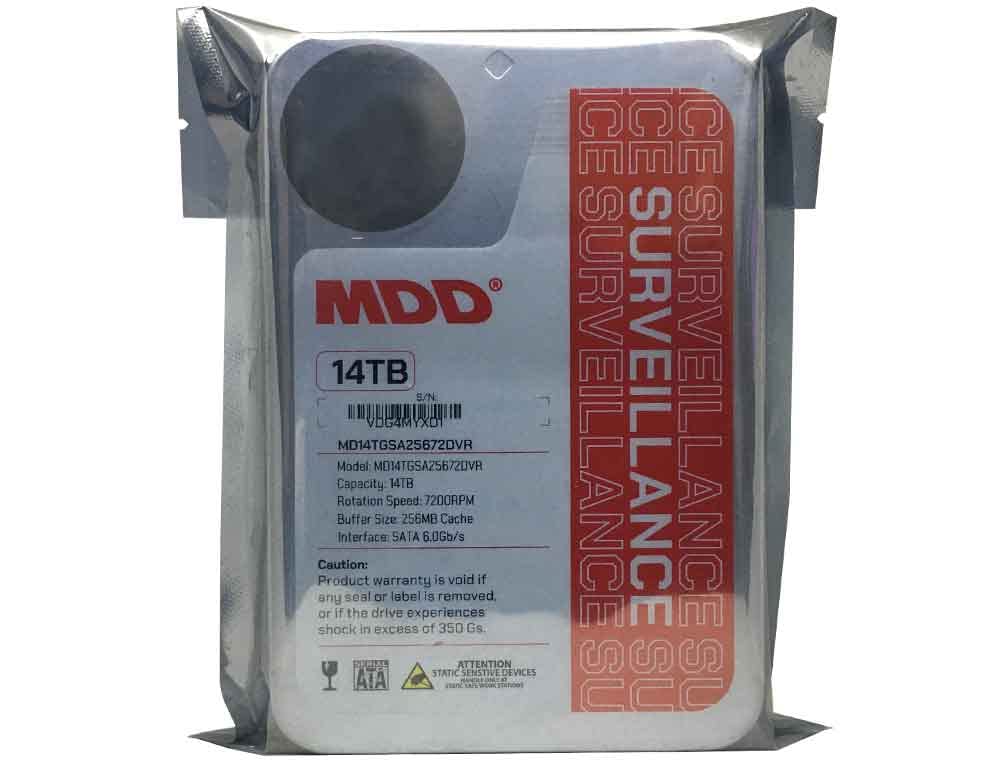 MDD MaxDigitalData 14TB surveillance HDD label with capacity and specs.