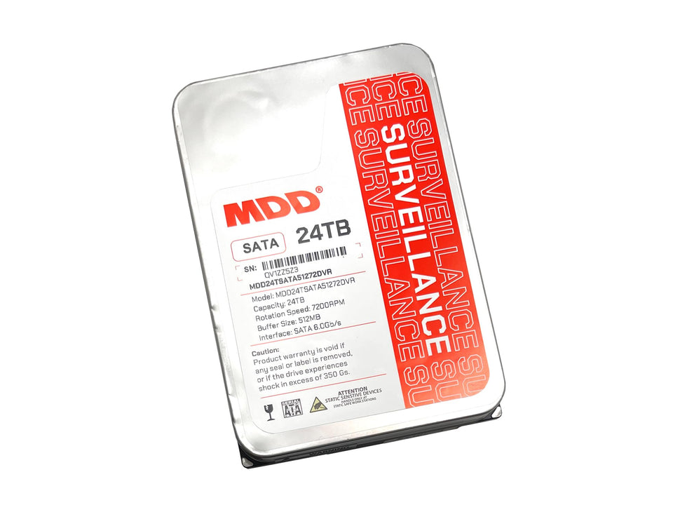 MDD MAXDIGITALDATA 24TB HDD front view, ideal for reliable 24/7 surveillance storage.