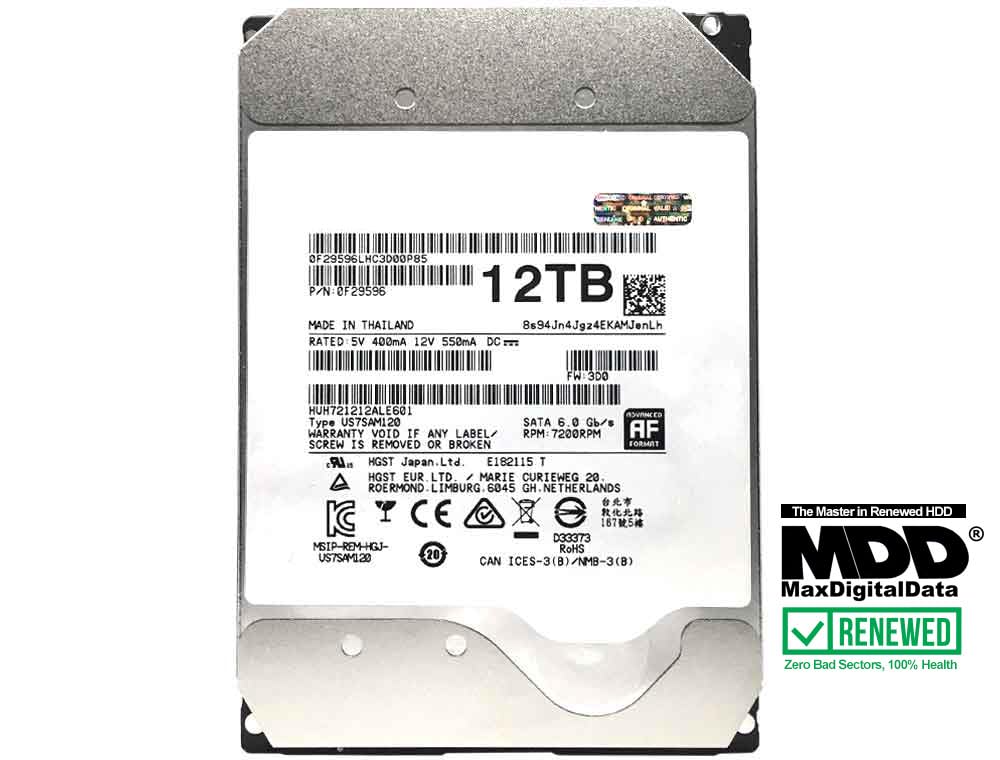 MDD MAXDIGITALDATA HC520 12TB side label showing specs.