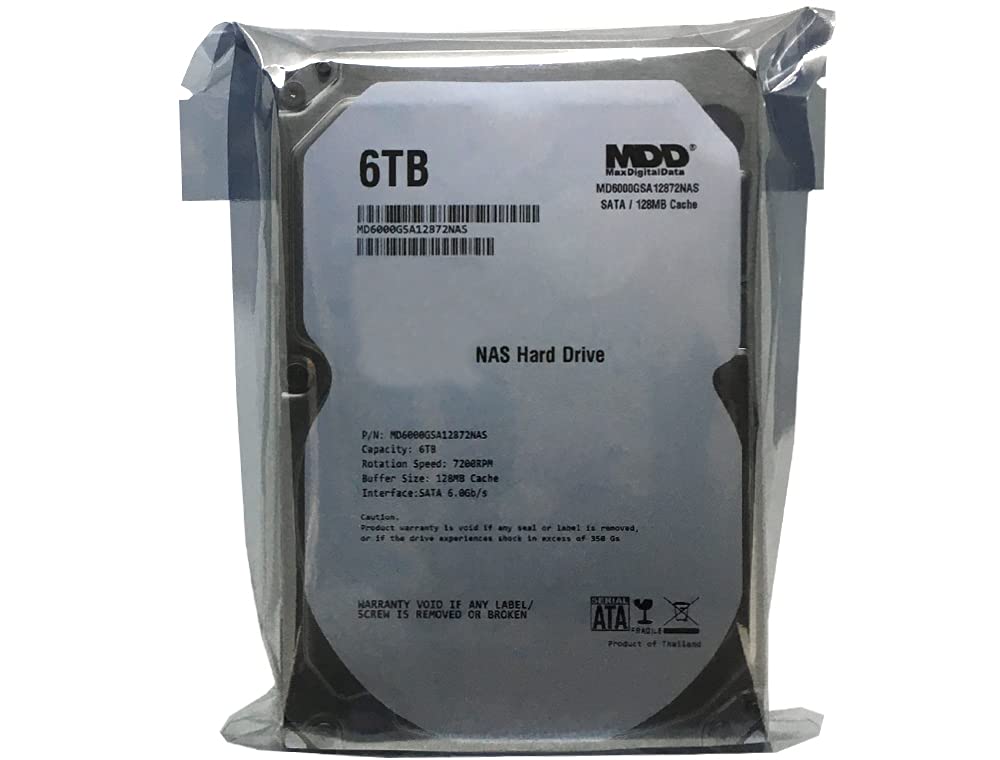 MaxDigitalData MD6000GSA12872NAS drive label highlights 6TB capacity and 128MB cache.