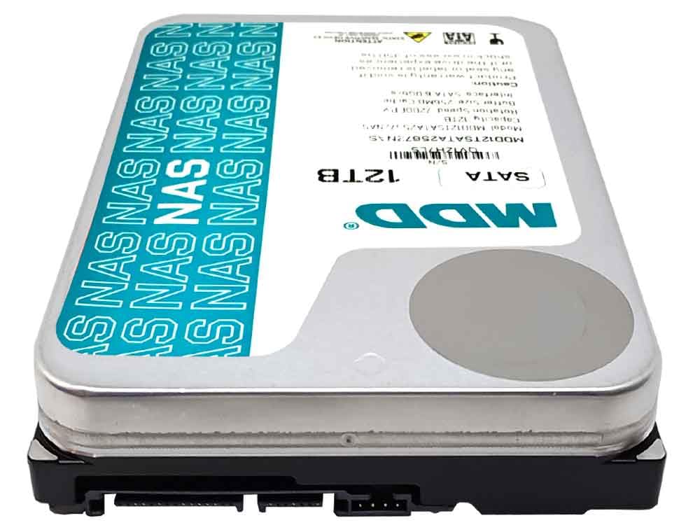 MDD 12TB bare drive, close-up, ideal for NAS enclosures and RAID systems.