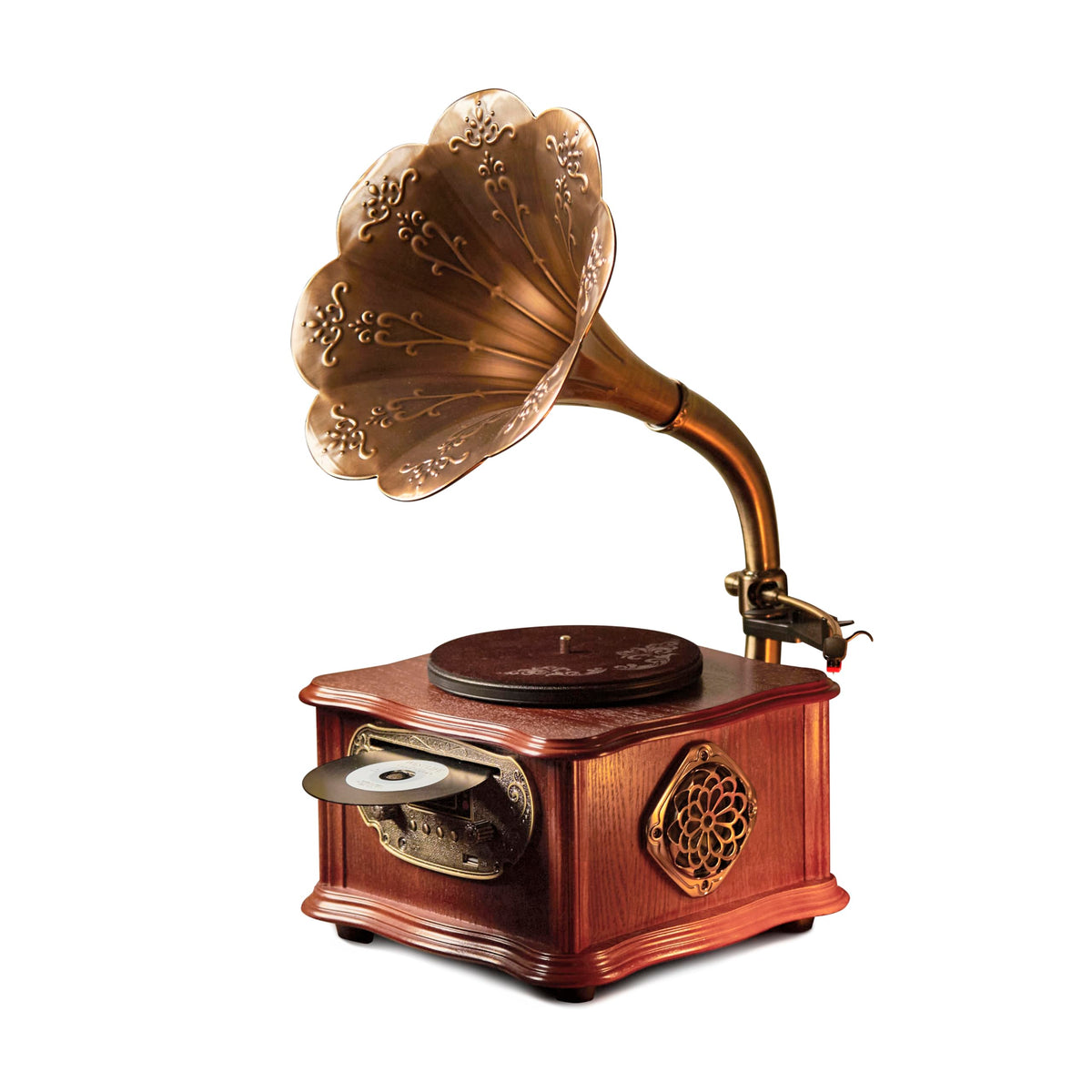 MEAGEAL wooden phonograph front view, a timeless centerpiece for cozy living rooms.