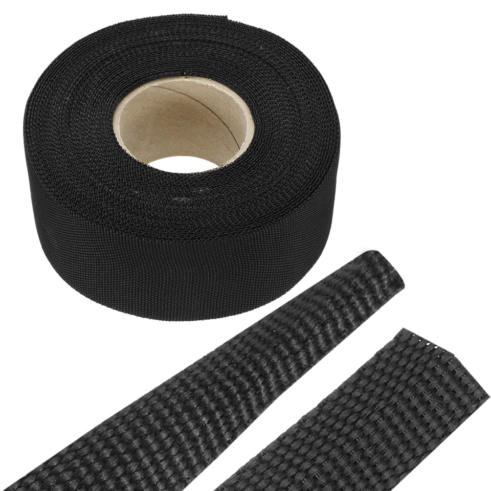 MECCANIXITY front view of braided sleeve roll showing product length and label, durable protection
