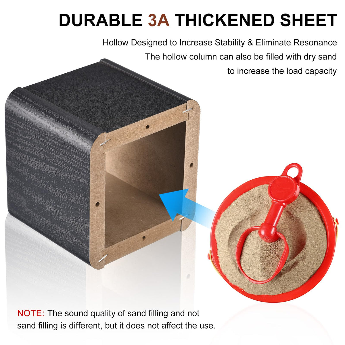 MECCANIXITY wood speaker stand packaging reveals included screws and pads for quick assembly.