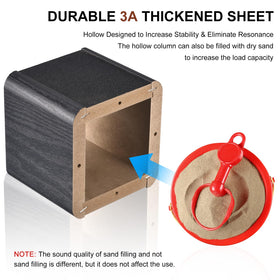 MECCANIXITY wood speaker stand packaging reveals included screws and pads for quick assembly.