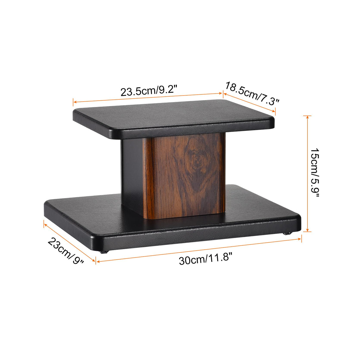 MECCANIXITY wood speaker stands bottom bases close-up show wide footprint for added stability