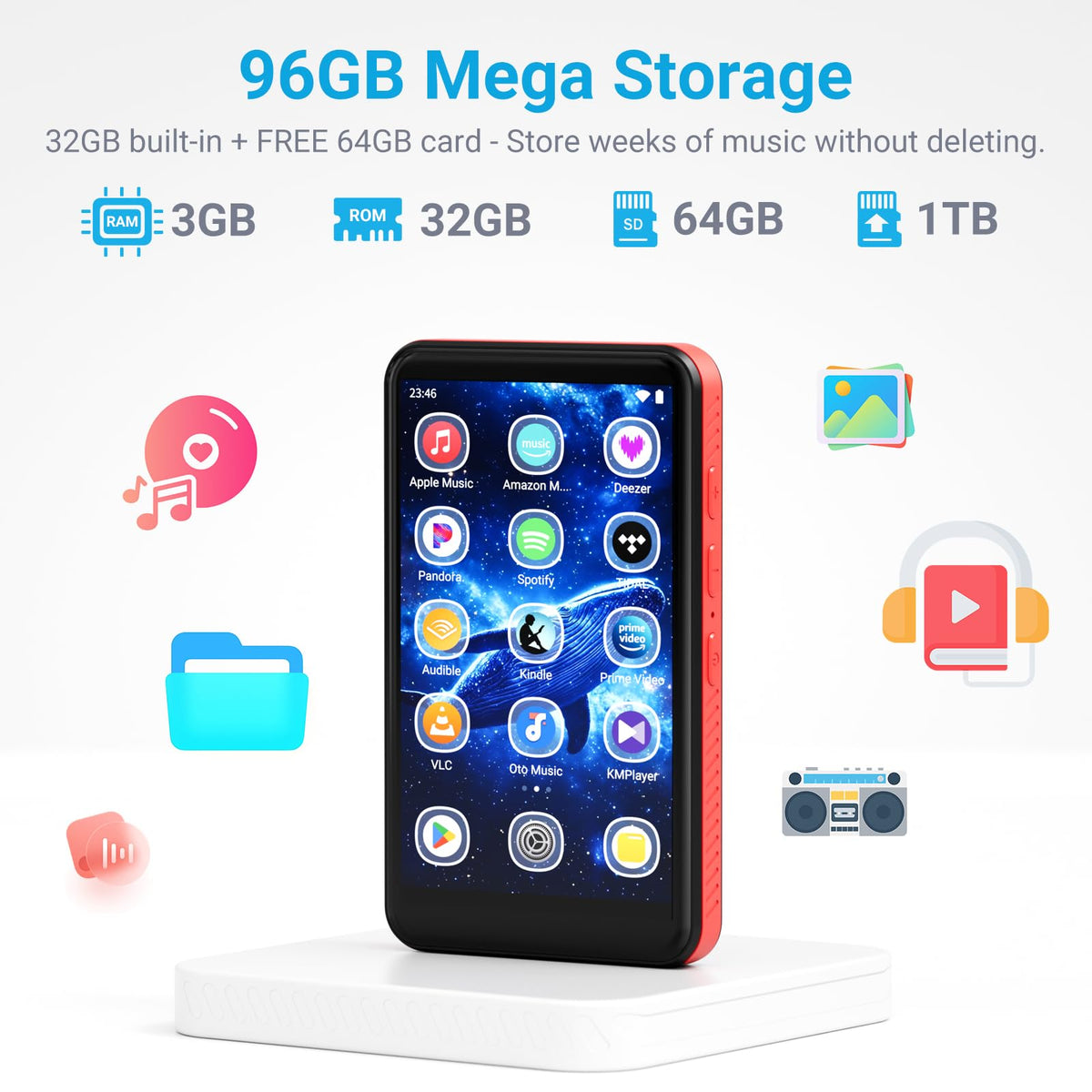 MECHEN 96GB Android MP3 MP4 player side view highlights compact travel-friendly design
