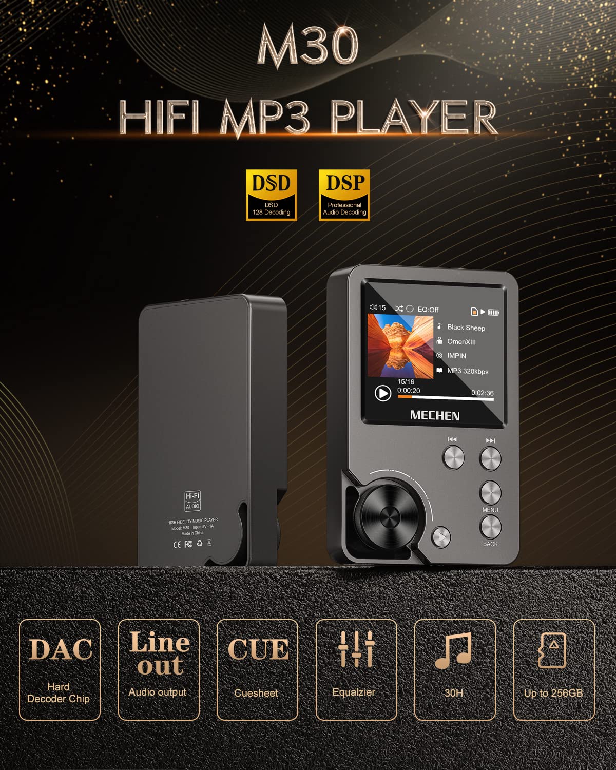 MECHEN M30 HiFi display shows lyrics for easy on-the-go listening.
