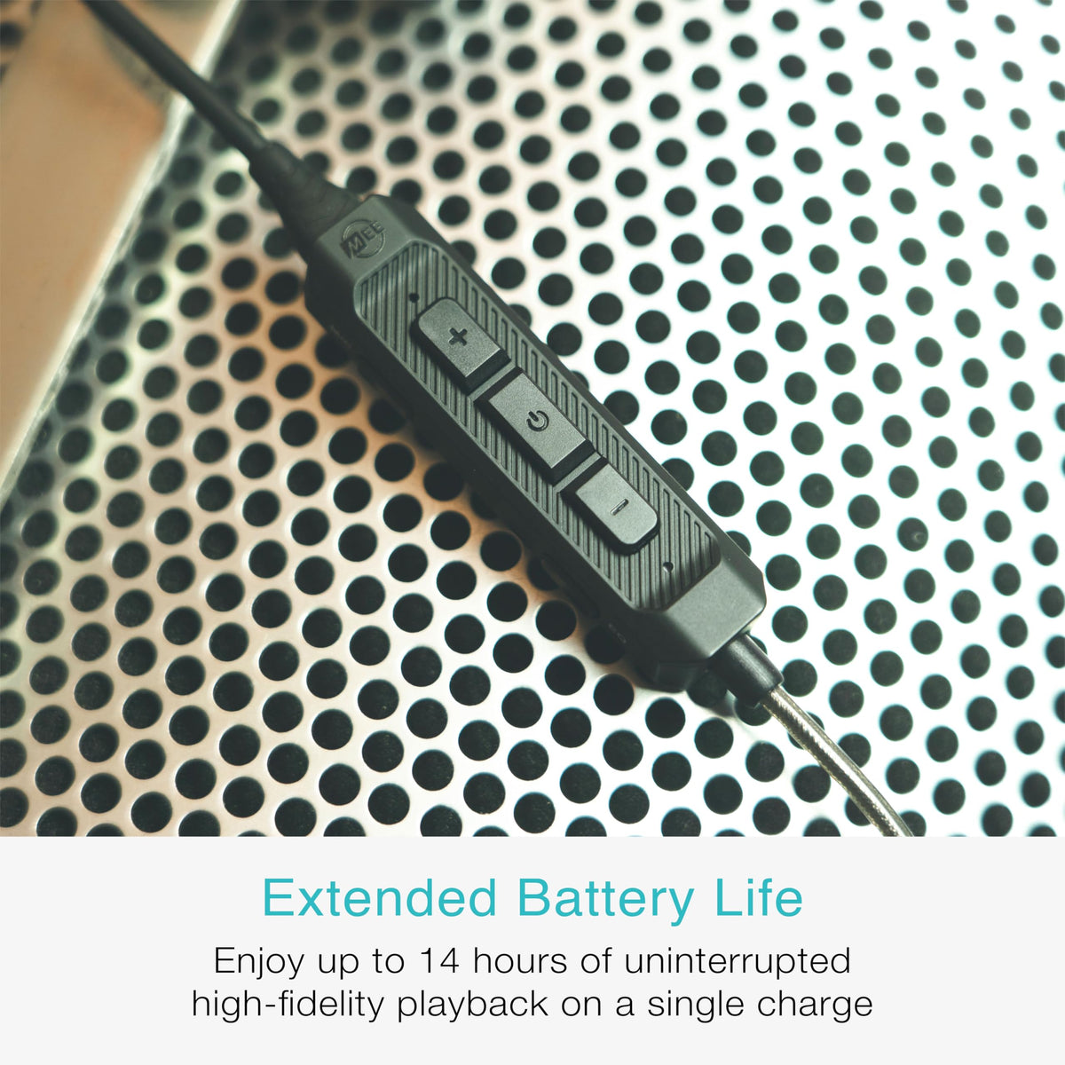 MEE audio BT3 battery indicator highlights up to 14 hours of playback.
