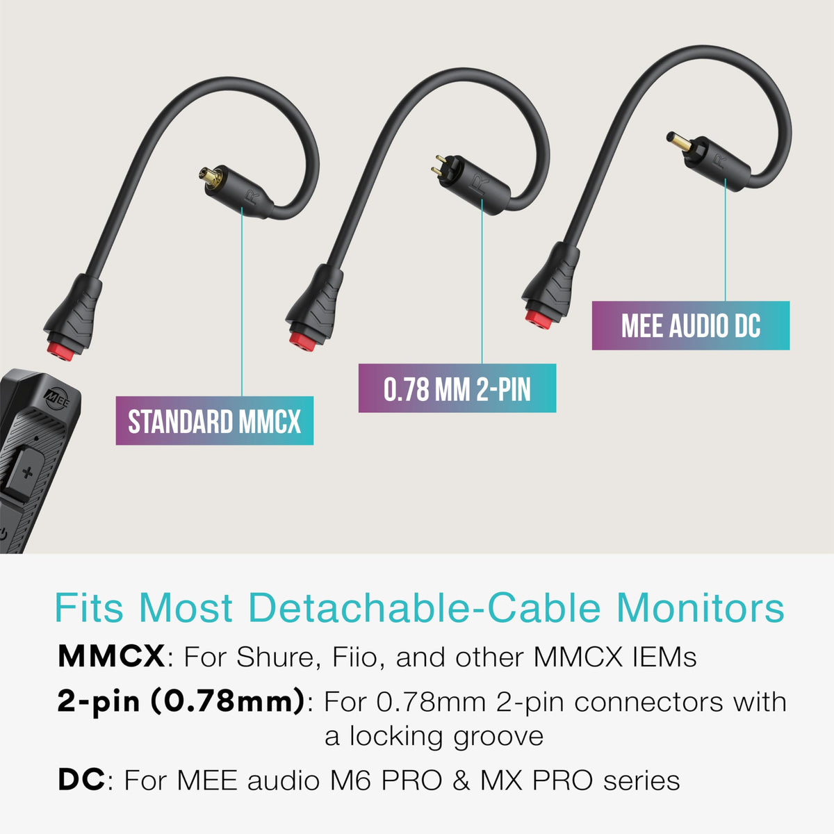MEE audio BT3 2-pin connector close-up demonstrates broad IEM compatibility.