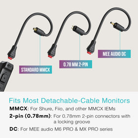 MEE audio BT3 2-pin connector close-up demonstrates broad IEM compatibility.