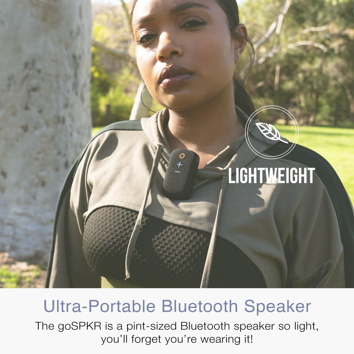 MEE Audio goSPKR IPX5 water resistance protects against splashes outdoors.
