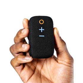 MEE Audio goSPKR wearable clip design for hands-free listening during activities.