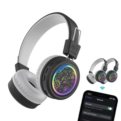 MEE audio front view showing LED earcups and playful graphics, bright appeal