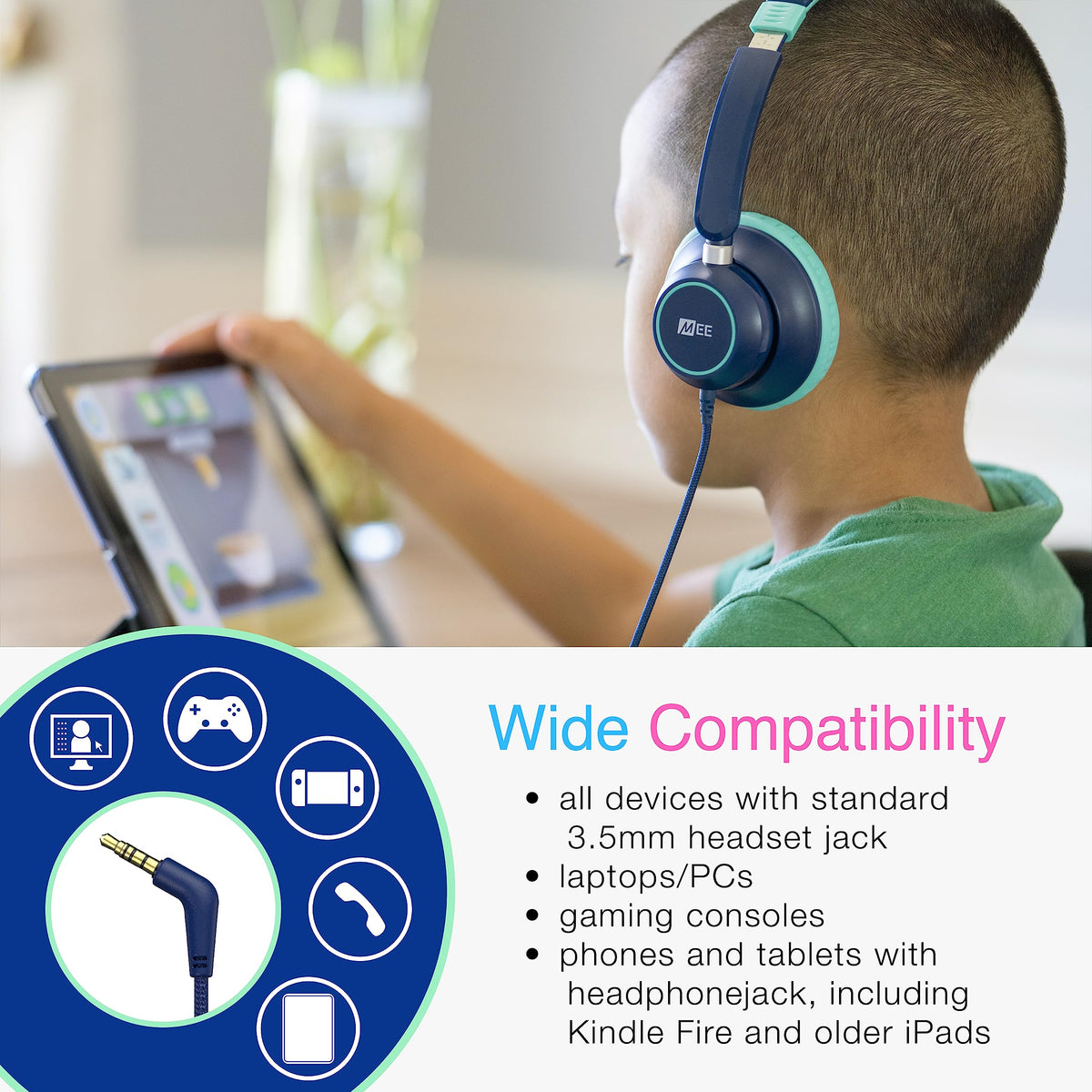 MEE Audio KidJamz KJ45 3.5mm jack compatibility with tablets and laptops