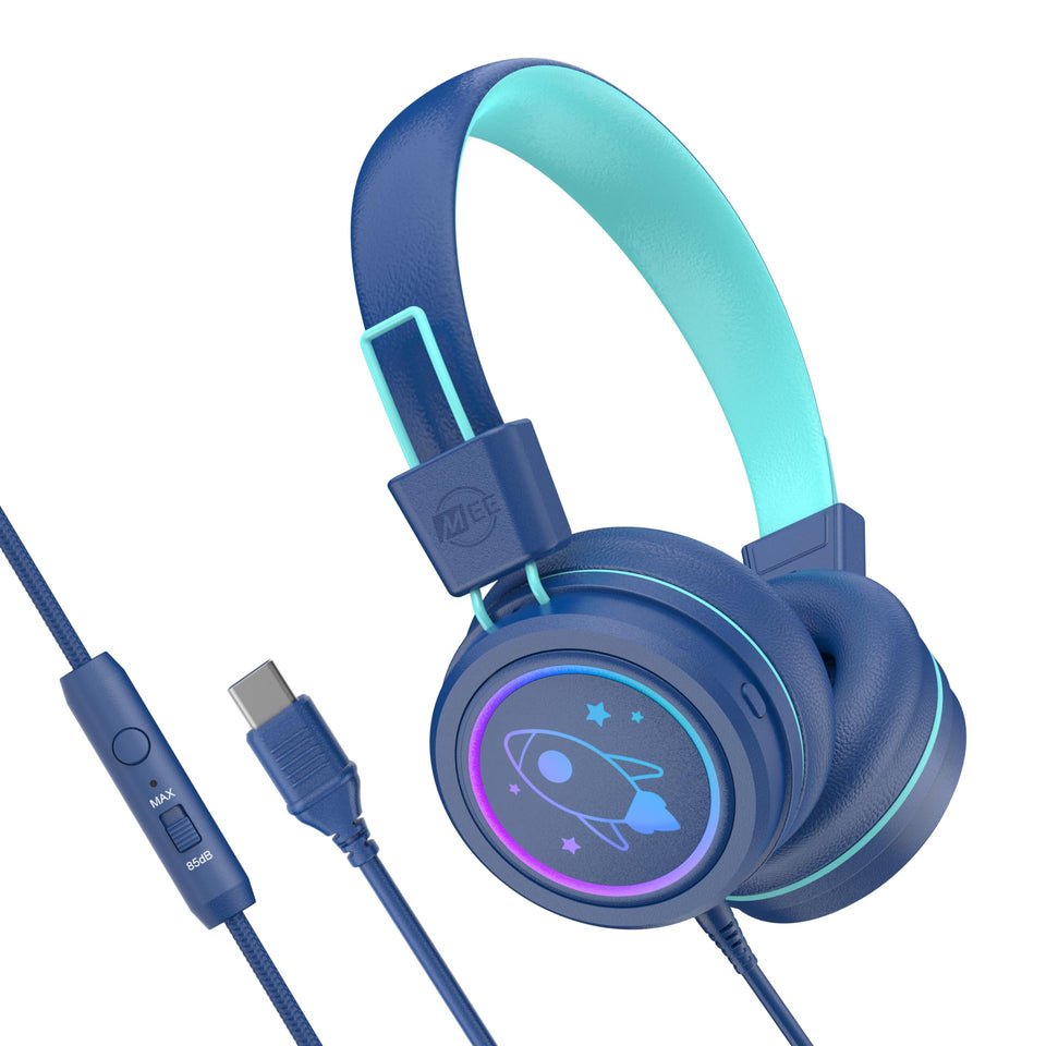 KidJamz KJ55 blue headphones with LED lights for safe listening on the go