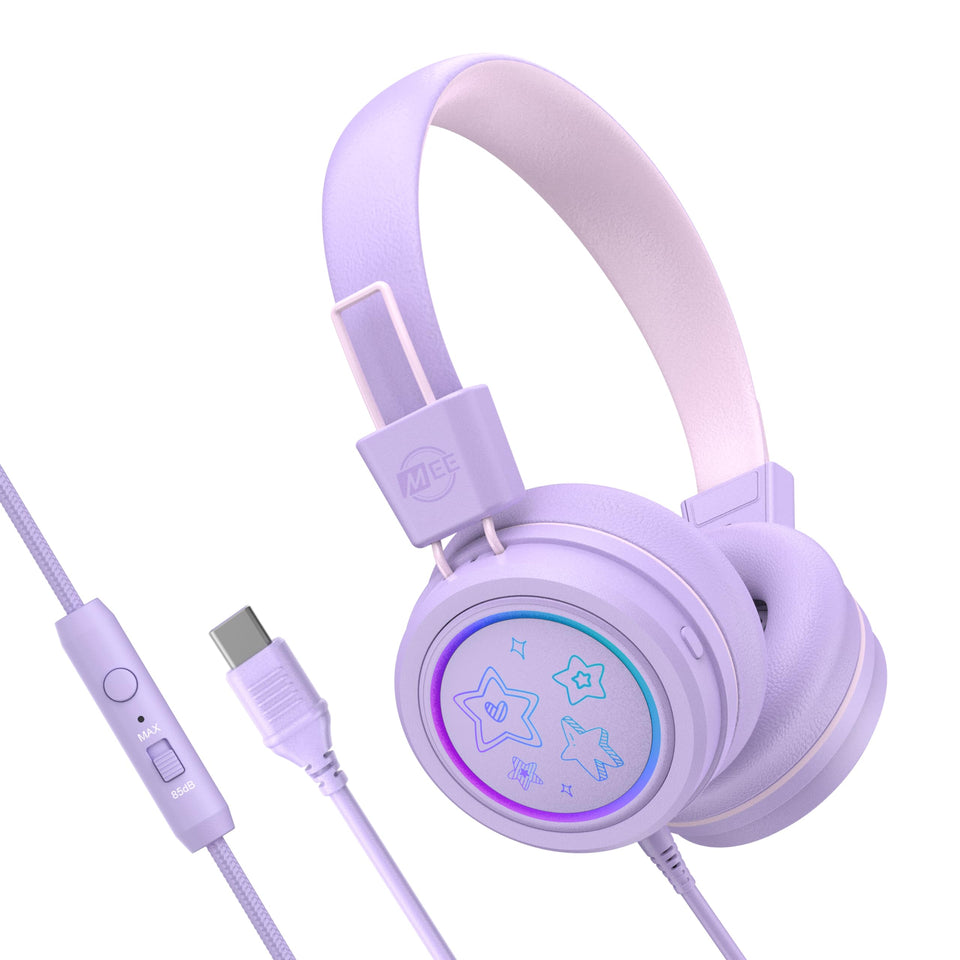 MEE Audio KidJamz KJ55 lavender earcups provide comfortable all-day wear for kids.