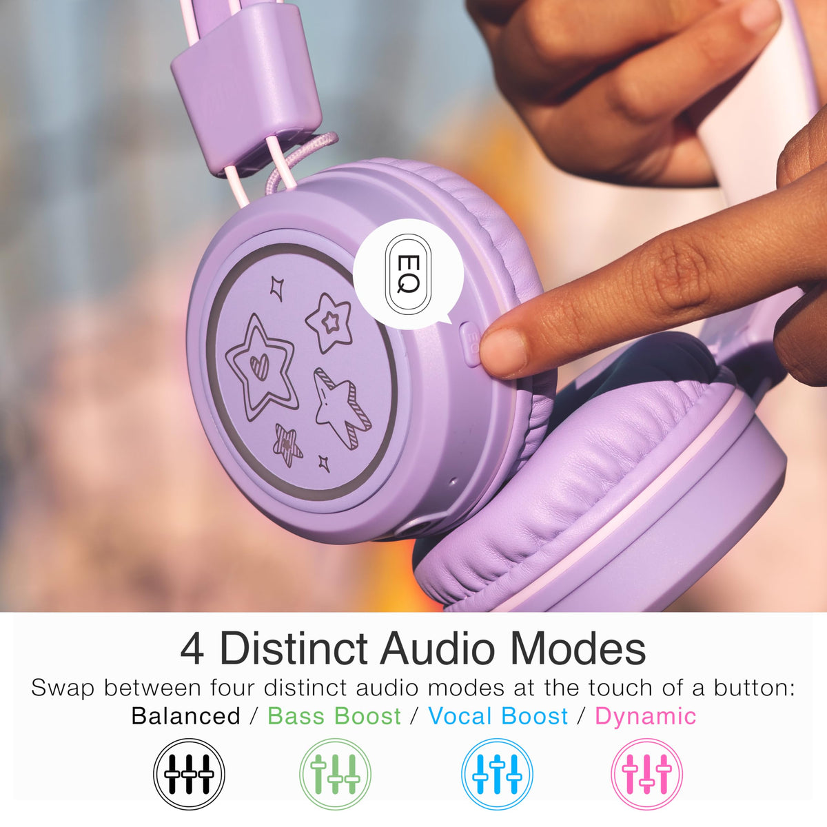 MEE audio lavender headphones in travel setting showing long battery convenience