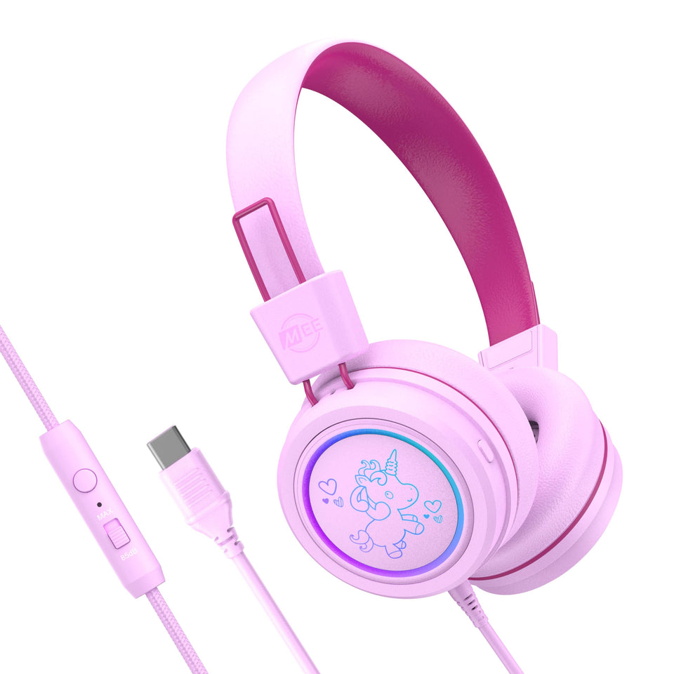 MEE audio KidJamz pink headphones with LED lights for kid-friendly style