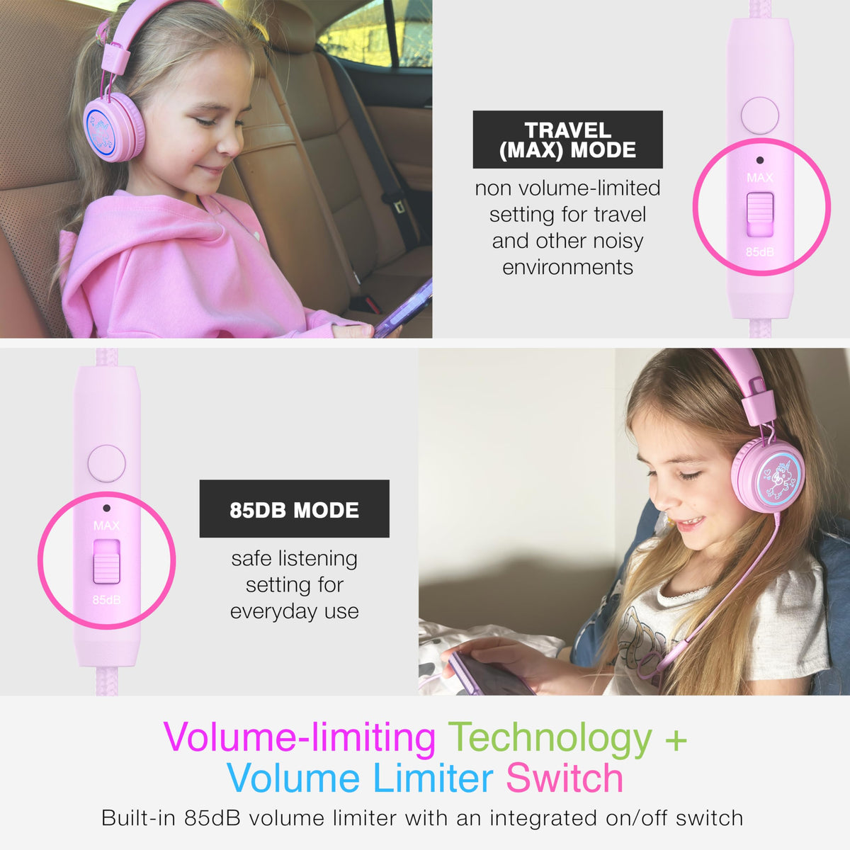 MEE audio KidJamz pink volume limiter protects young ears during playback