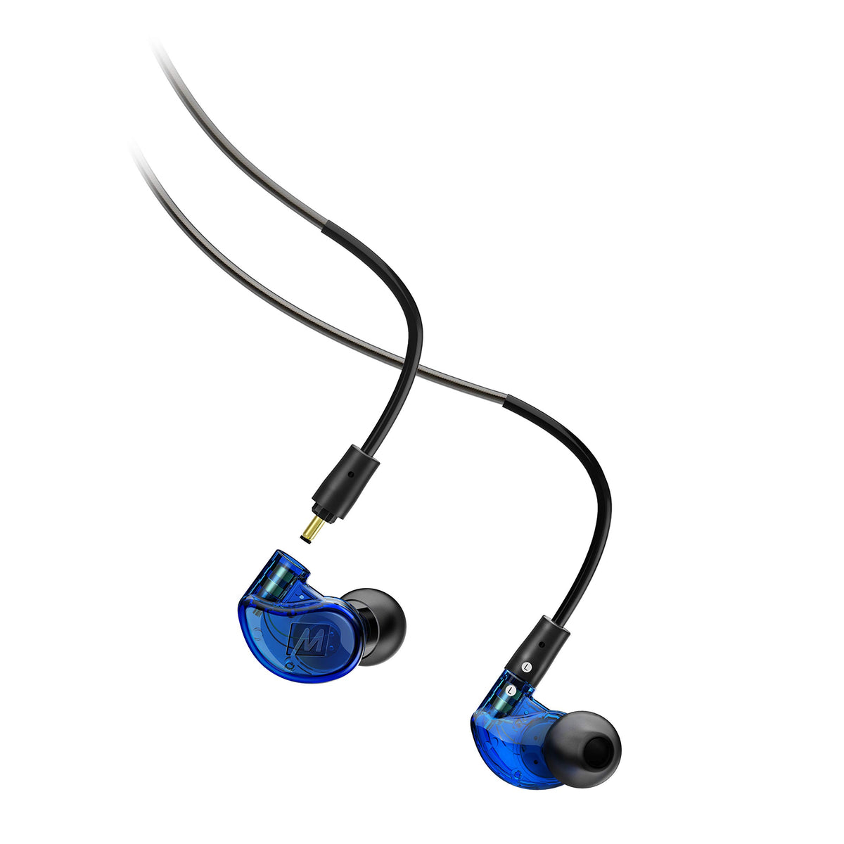 MEE audio front view blue monitors showing sleek housing and color