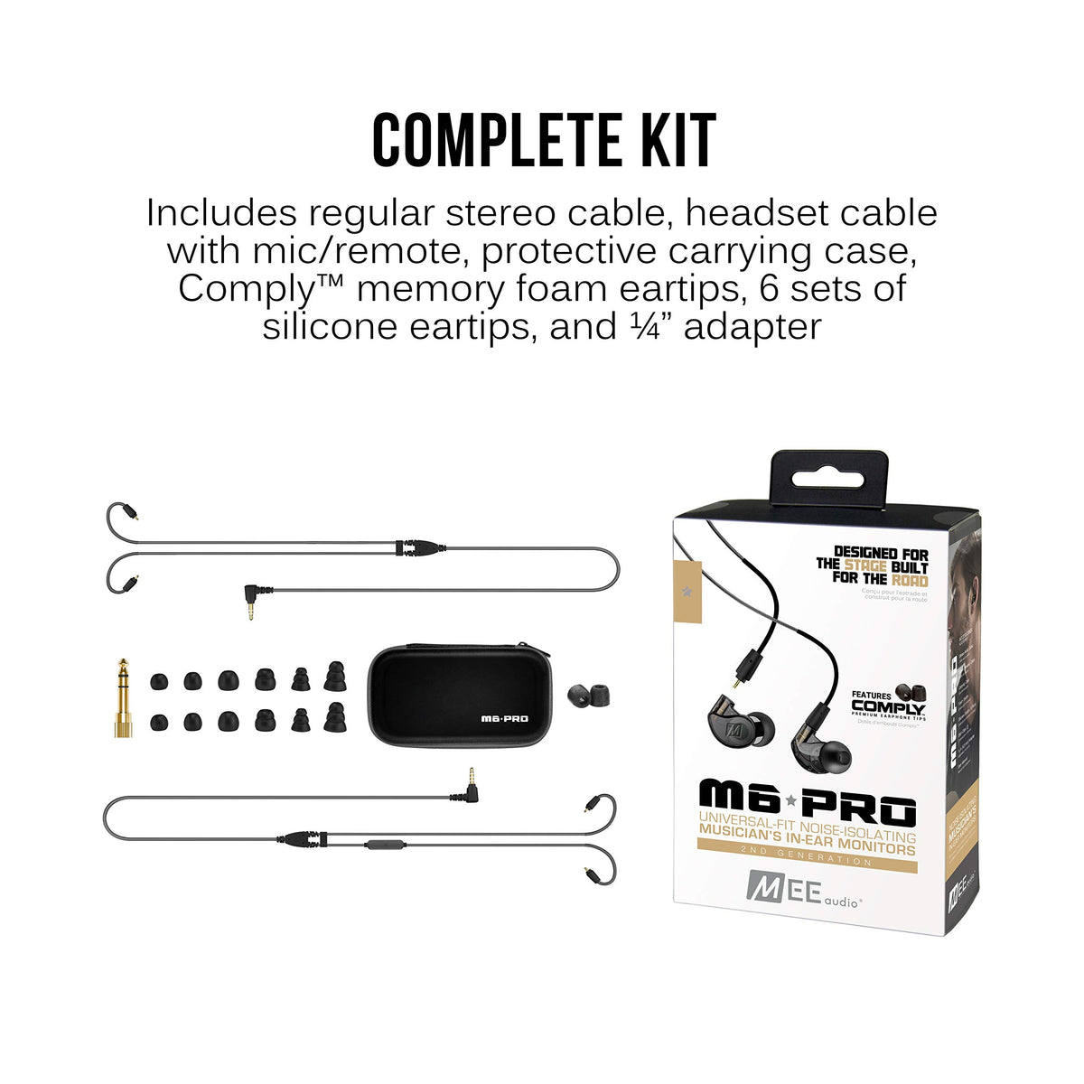 MEE audio accessories and packaging showing included cables and tips