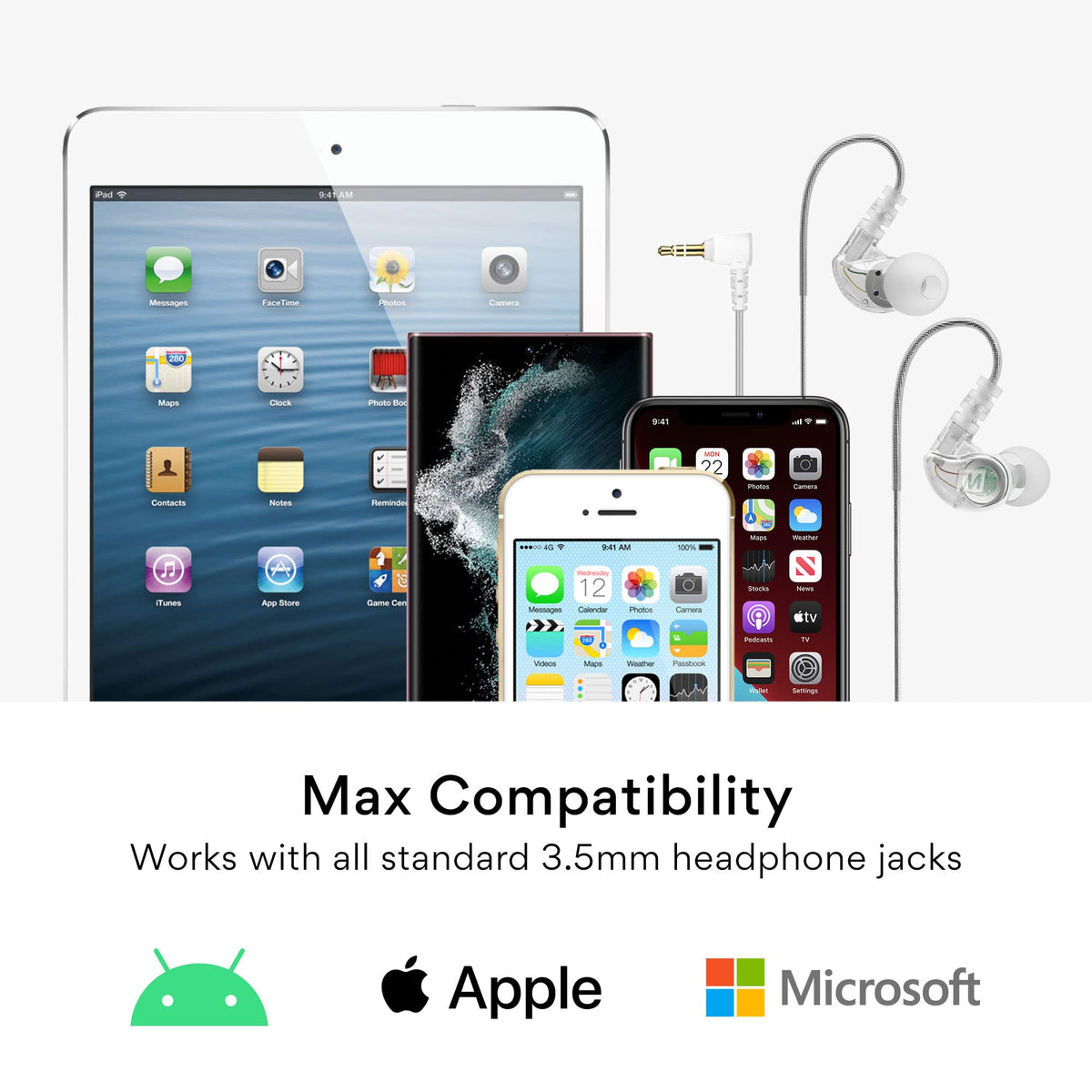 MEE audio M6 Sport earbuds connected via 3.5mm jack for wide compatibility
