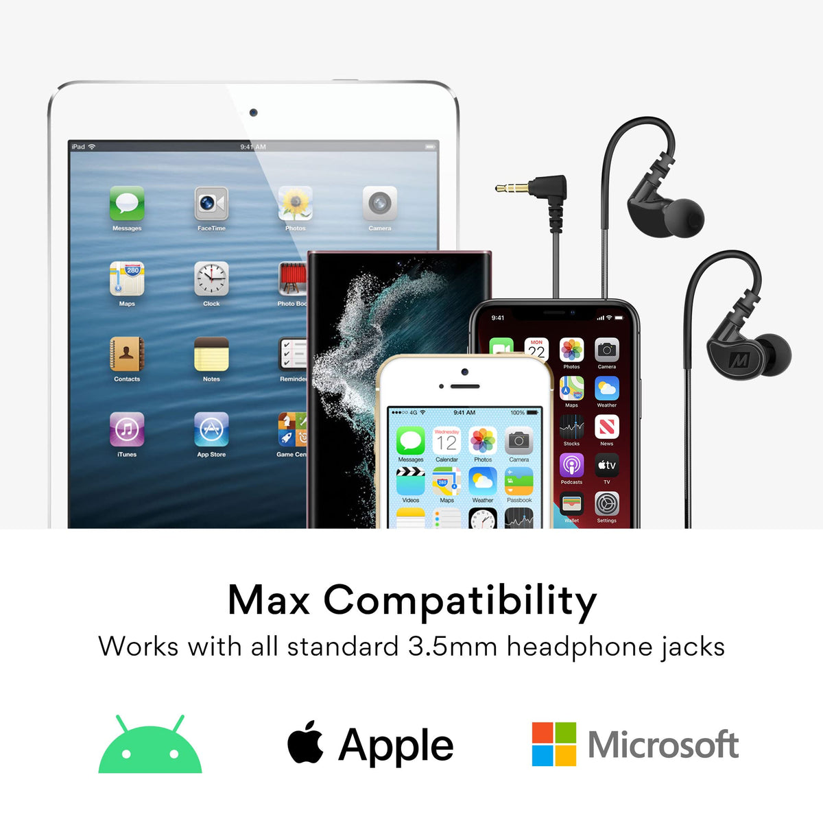 MEE audio M6 Sport earbuds 3.5 mm jack compatibility across devices