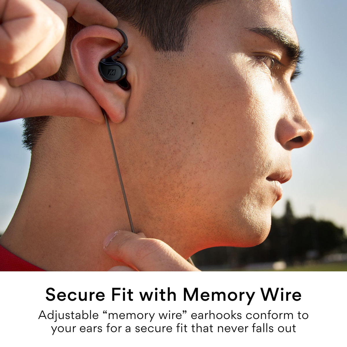 MEE Audio M6 Sport earbuds showing the built-in mic and remote for easy calls.