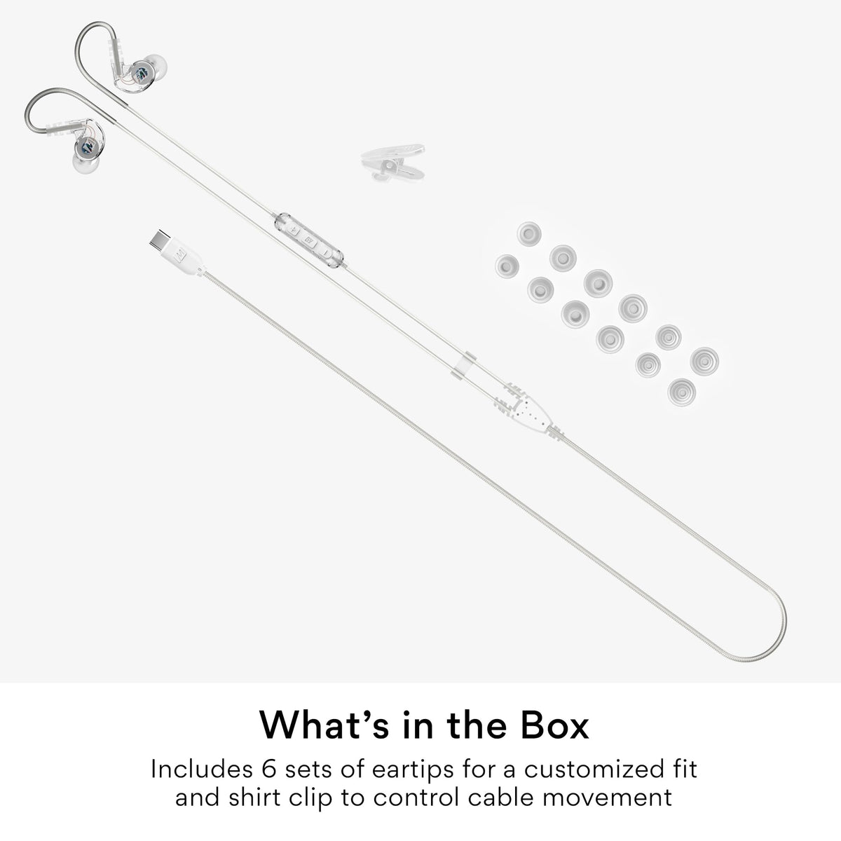Six eartip sizes for a customized fit and secure seal with MEE audio M6 Sport