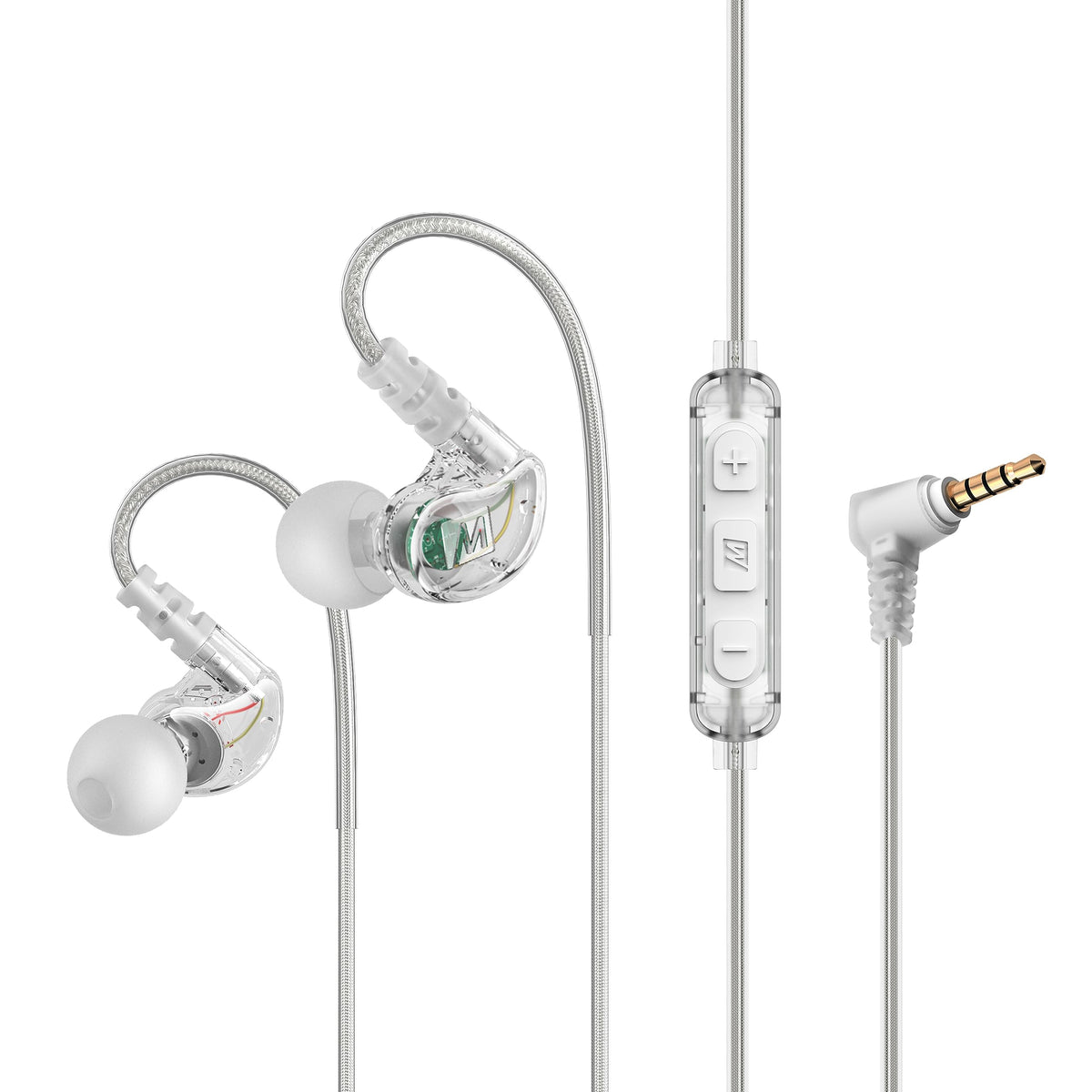 MEE Audio M6 Sport earbuds front view showing secure memory wire fit for workouts