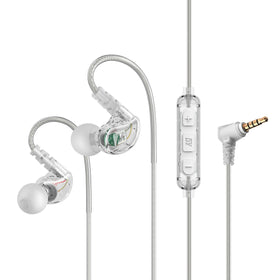 MEE Audio M6 Sport earbuds front view showing secure memory wire fit for workouts