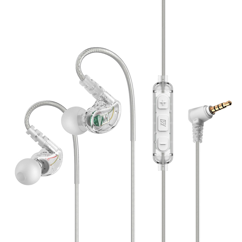 MEE Audio M6 Sport earbuds front view showing secure memory wire fit for workouts