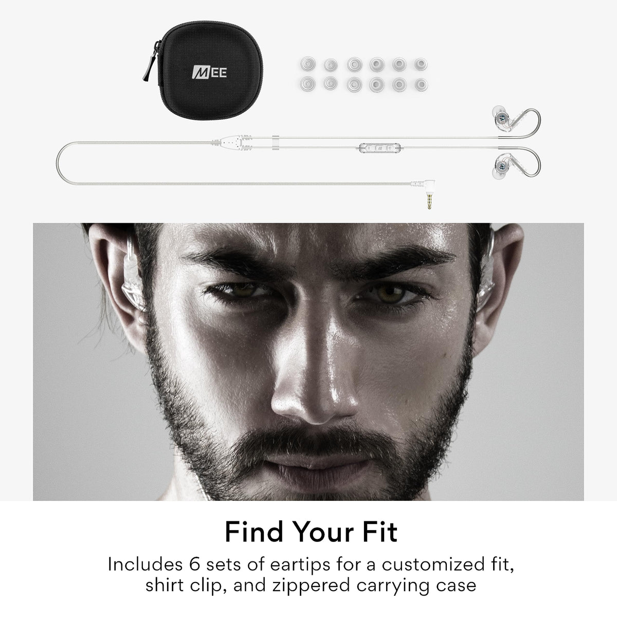 MEE Audio M6 Sport earbuds in carrying case for safe transport