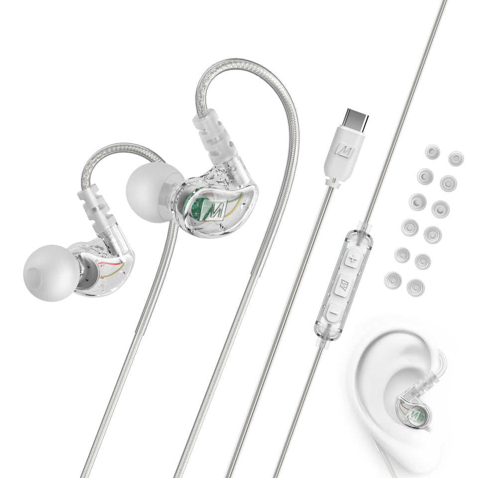 MEE audio M6 Sport earbuds with memory wire earhooks for a secure workout fit