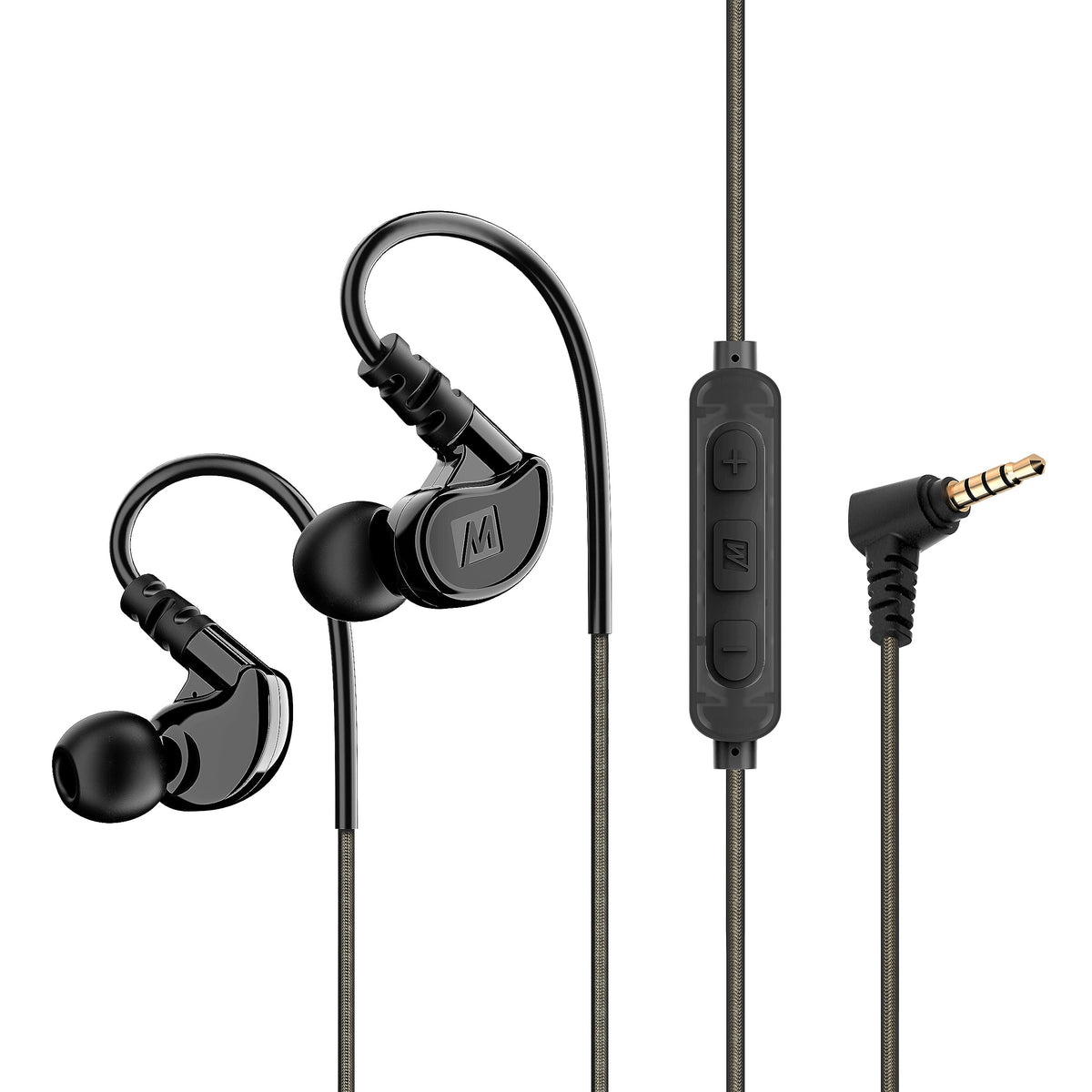 MEE Audio M6 Sport earbuds with over-ear fit for secure, distraction-free running.