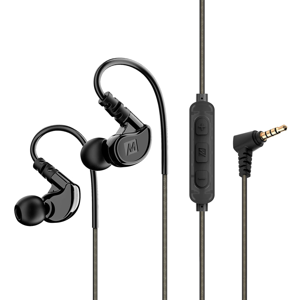 MEE Audio M6 Sport earbuds with over-ear fit for secure, distraction-free running.