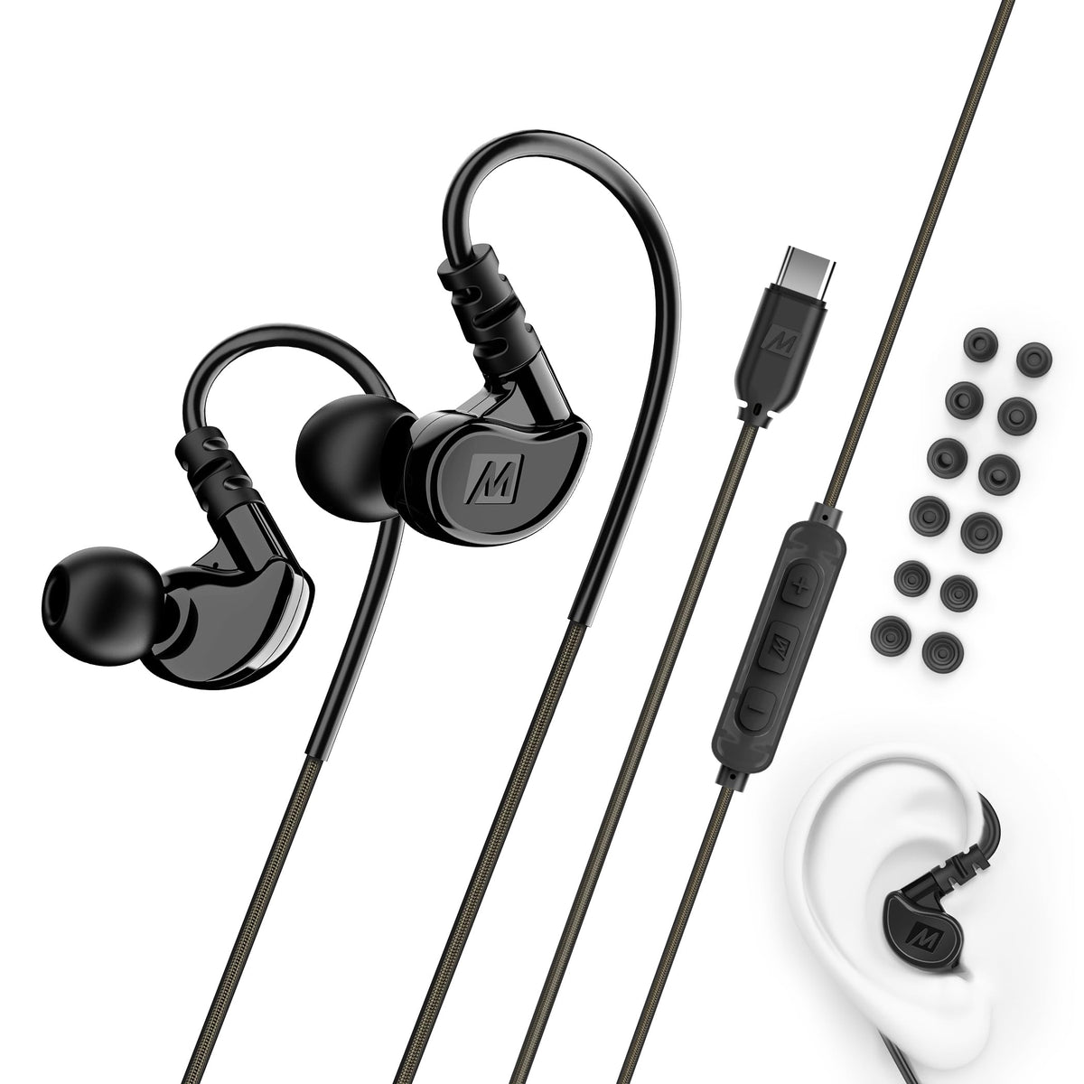 MEE Audio M6 Sport earhooks provide a secure, comfortable fit for intense workouts.
