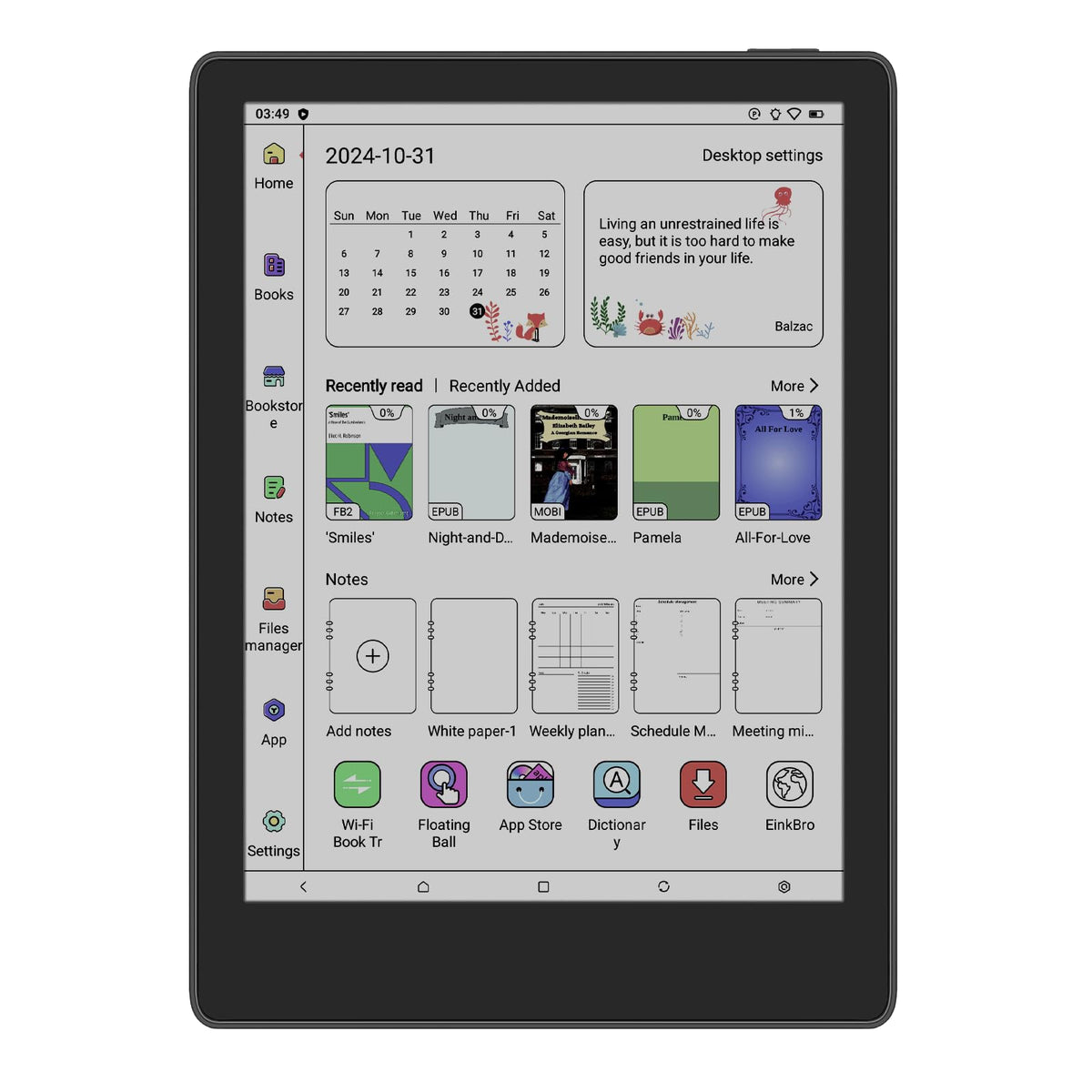 Meebook M8C e-reader front view shows compact design for on-the-go reading.