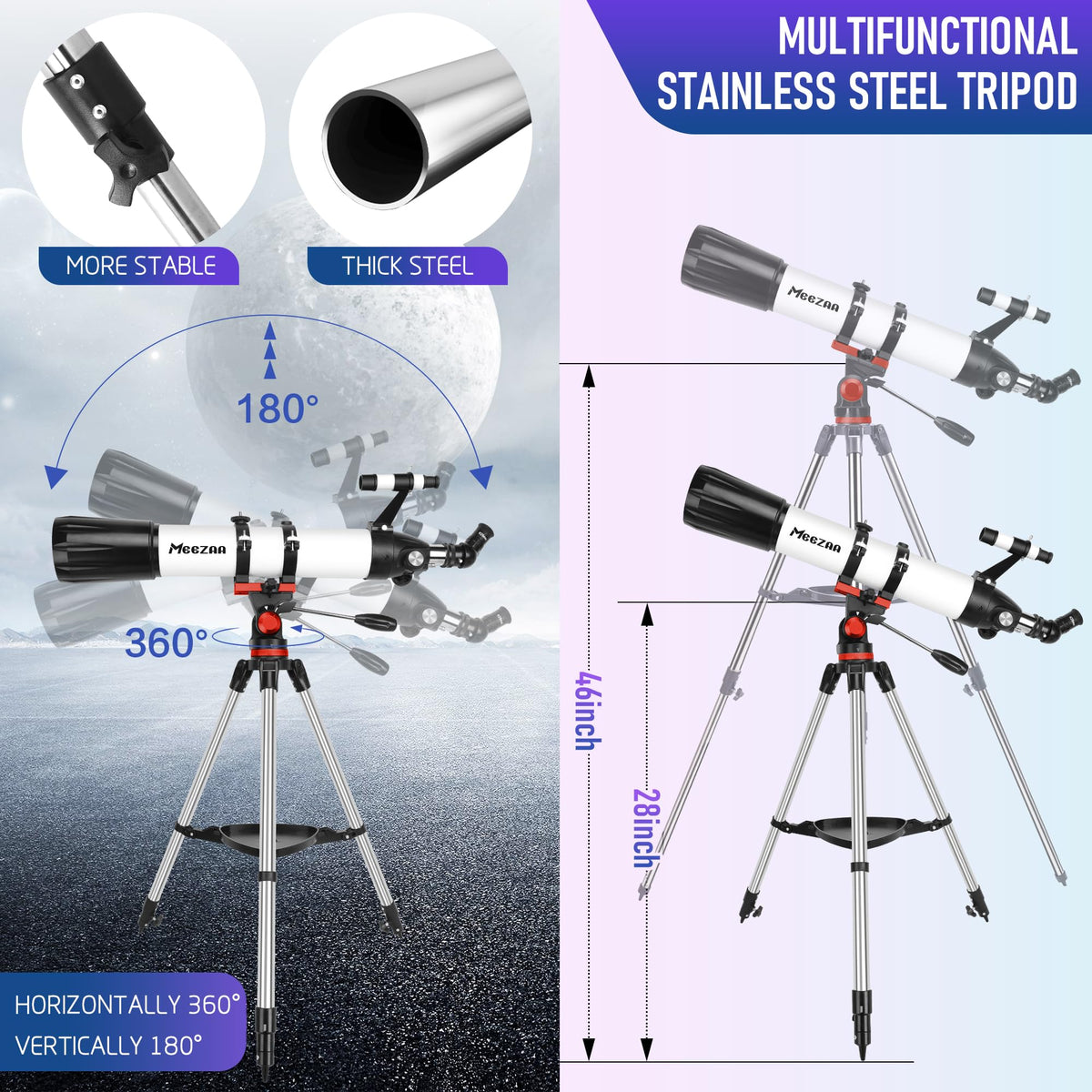 MEEZAA adjustable tripod supports comfortable backyard viewing