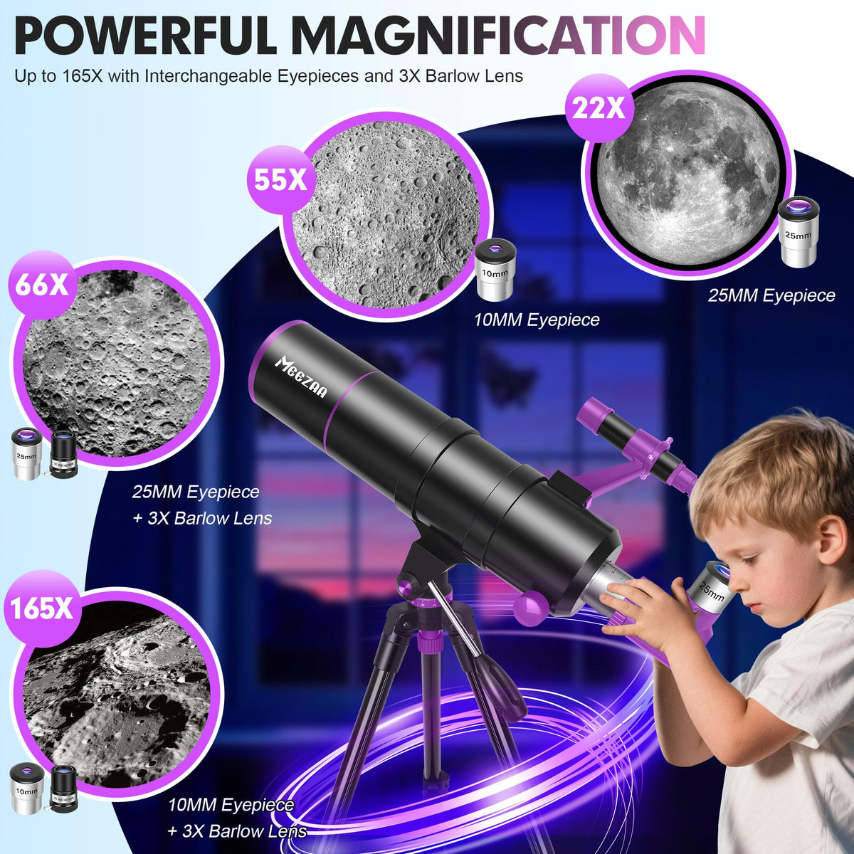 MEEZAA telescope includes 3x barlow for higher magnification versatility.