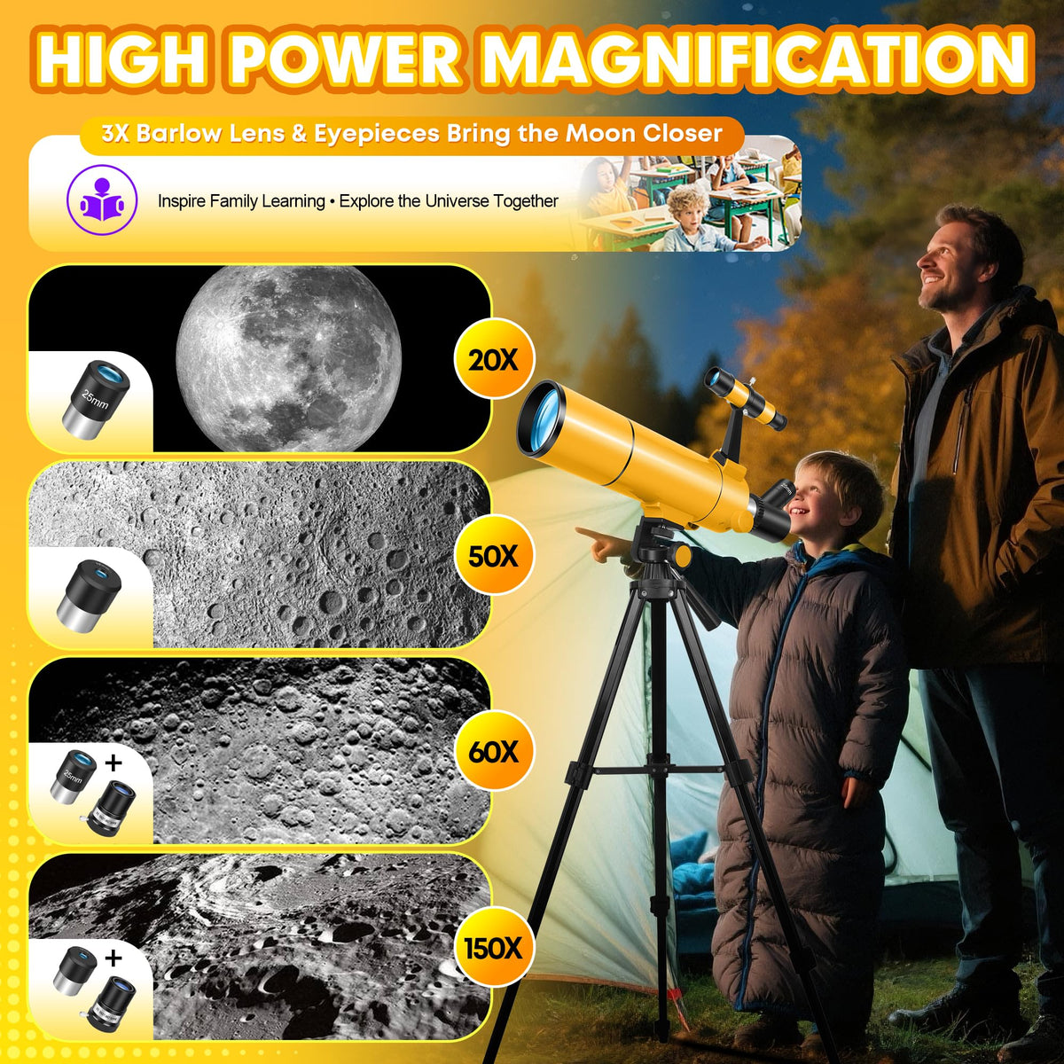 MEEZAA 25mm and 10mm eyepieces with 3X Barlow extend magnification for crisp celestial detail.