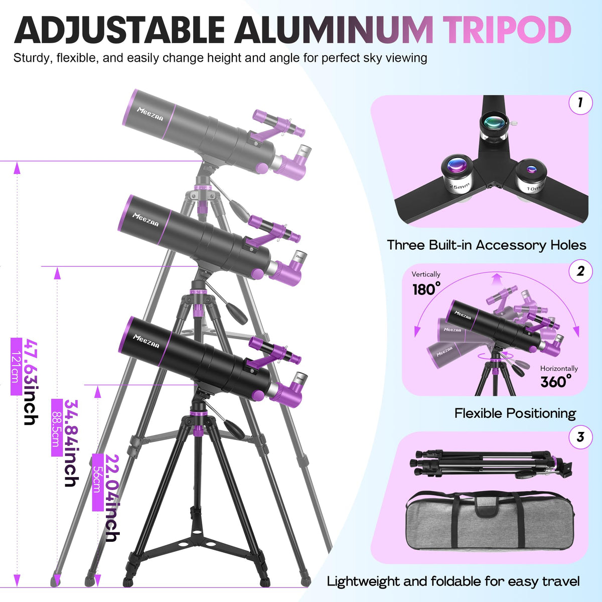 MEEZAA tripod and carry bag enable easy setup anywhere.