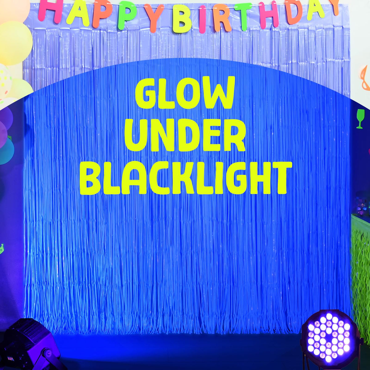 Curtains draped over doorway create bold neon ambiance with Mega-L Glow.