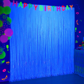 Mega-L Glow neon foil fringe curtains macaron blue, vibrant backdrop for photos.